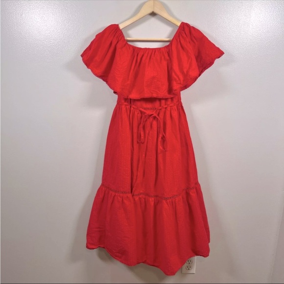 Lucy Paris Tiered Midi Dress Size Small Red Off the Shoulder Peasant Boho - Picture 1 of 10